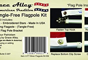 Flag Pole Kit 6 Ft Flagpole with Embroidered American Flag by Grace Alley - Embroidered Stars and Stitched Stripes, Brushed Silver Aluminum Rust Free & Tangle Free Wind Resistant Pole and Multi-Position White Bracket for Residential or Commercial Use