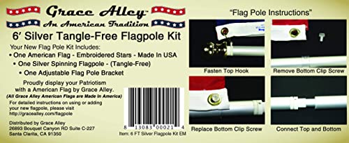 Flag Pole Kit 6 Ft Flagpole with Embroidered American Flag by Grace Alley - Embroidered Stars and Stitched Stripes, Brushed Silver Aluminum Rust Free & Tangle Free Wind Resistant Pole and Multi-Position White Bracket for Residential or Commercial Use