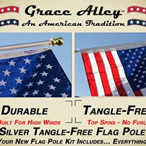 Flag Pole Kit 6 Ft Flagpole with Embroidered American Flag by Grace Alley - Embroidered Stars and Stitched Stripes, Brushed Silver Aluminum Rust Free & Tangle Free Wind Resistant Pole and Multi-Position White Bracket for Residential or Commercial Use