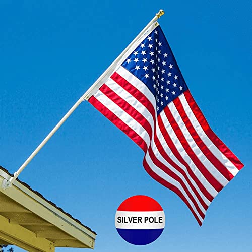 Flag Pole Kit 6 Ft Flagpole with Embroidered American Flag by Grace Alley - Embroidered Stars and Stitched Stripes, Brushed Silver Aluminum Rust Free & Tangle Free Wind Resistant Pole and Multi-Position White Bracket for Residential or Commercial Use