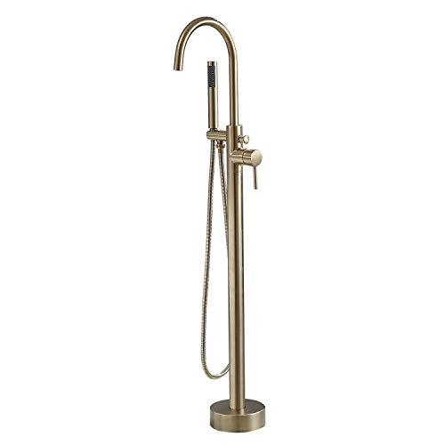 JiaYouJia Modern Brushed Gold Freestanding Tub Faucet with Handheld Spray Floor Mounted Bathtub Faucet Single Handle Tub Filler Lead-free Solid Brass