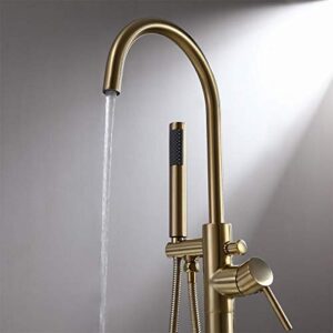 JiaYouJia Modern Brushed Gold Freestanding Tub Faucet with Handheld Spray Floor Mounted Bathtub Faucet Single Handle Tub Filler Lead-free Solid Brass