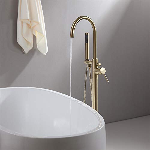 JiaYouJia Modern Brushed Gold Freestanding Tub Faucet with Handheld Spray Floor Mounted Bathtub Faucet Single Handle Tub Filler Lead-free Solid Brass