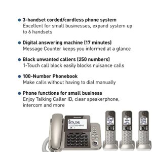 PANASONIC Corded/Cordless Phone System with Answering Machine and One Touch Call Blocking – 3 Handsets - KX-TGF353N (Champagne Gold)