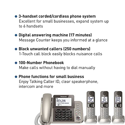 PANASONIC Corded/Cordless Phone System with Answering Machine and One Touch Call Blocking – 3 Handsets - KX-TGF353N (Champagne Gold)