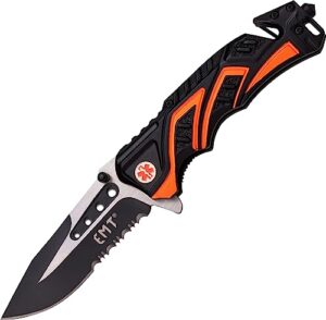 mtech usa mt-a865emo spring assist folding knife, two-tone half-serrated blade, black and orange handle, 4.5-inch closed