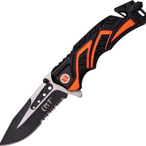 MTech USA MT-A865EMO Spring Assist Folding Knife, Two-Tone Half-Serrated Blade, Black and Orange Handle, 4.5-Inch Closed