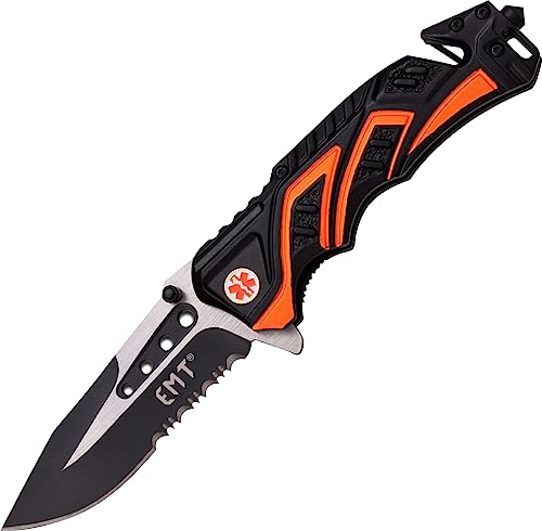 MTech USA MT-A865EMO Spring Assist Folding Knife, Two-Tone Half-Serrated Blade, Black and Orange Handle, 4.5-Inch Closed