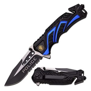 mtech usa mt-a865pd spring assist folding knife, two-tone half-serrated blade, black and blue handle, 4.5-inch closed