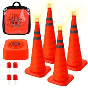 cartman 4 pack 28 inch collapsible traffic cones with led light, multi purpose pop up reflective safety cones, pack of 4, battery included