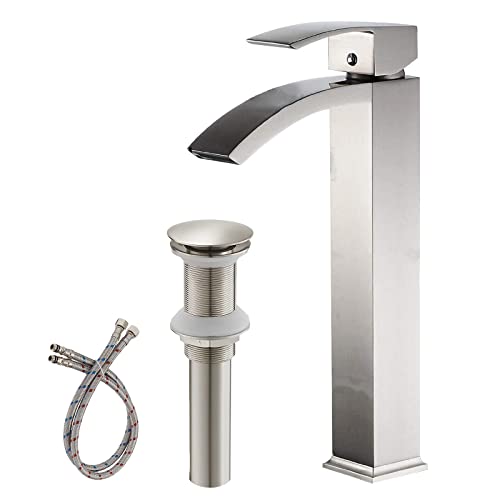 Greenspring Vessel Sink Faucet Brushed Nickel Tall Body Waterfall Spout Single Hole Single Handle Modern Commercial Bathroom Faucet with Pop Up Drain Without Overflow Supply Line Lead-Free