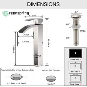 Greenspring Vessel Sink Faucet Brushed Nickel Tall Body Waterfall Spout Single Hole Single Handle Modern Commercial Bathroom Faucet with Pop Up Drain Without Overflow Supply Line Lead-Free