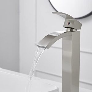 Greenspring Vessel Sink Faucet Brushed Nickel Tall Body Waterfall Spout Single Hole Single Handle Modern Commercial Bathroom Faucet with Pop Up Drain Without Overflow Supply Line Lead-Free