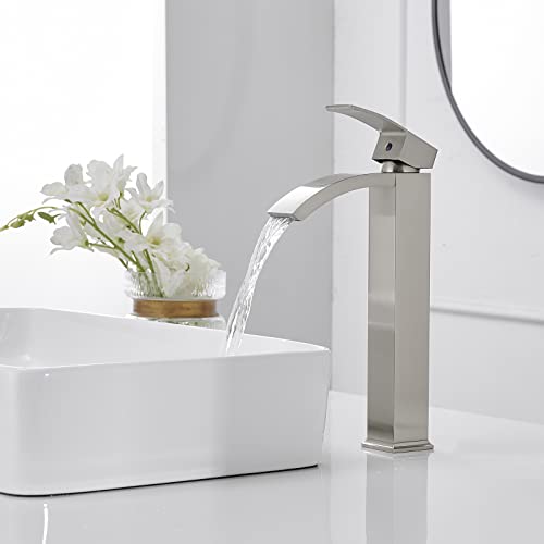 Greenspring Vessel Sink Faucet Brushed Nickel Tall Body Waterfall Spout Single Hole Single Handle Modern Commercial Bathroom Faucet with Pop Up Drain Without Overflow Supply Line Lead-Free