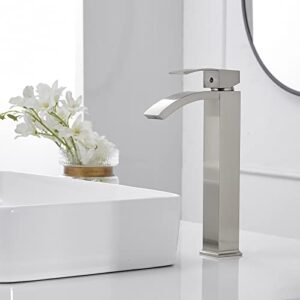 Greenspring Vessel Sink Faucet Brushed Nickel Tall Body Waterfall Spout Single Hole Single Handle Modern Commercial Bathroom Faucet with Pop Up Drain Without Overflow Supply Line Lead-Free