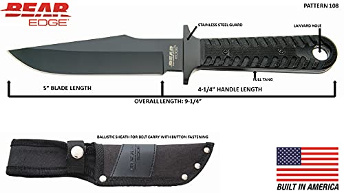 Bear Edge Compact Bowie, 5” 440 High Carbon Stainless Steel Blade, Lightweight Black G10 Handles, Ballistic Sheath Included (61108)