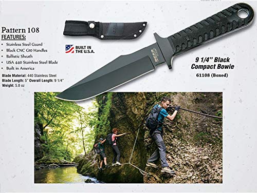 Bear Edge Compact Bowie, 5” 440 High Carbon Stainless Steel Blade, Lightweight Black G10 Handles, Ballistic Sheath Included (61108)