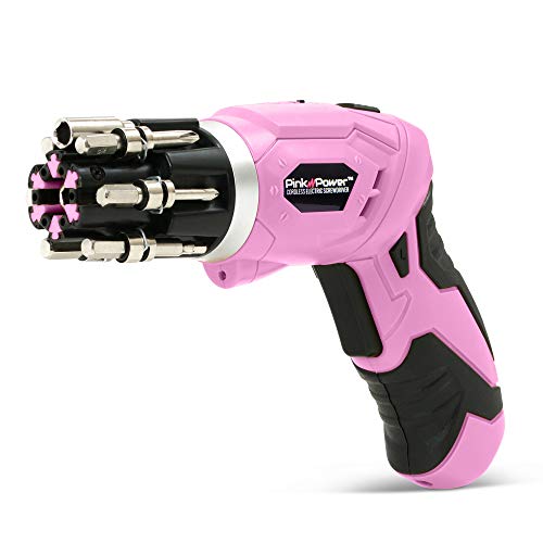 Pink Power 3.6 Volt Rechargeable Cordless Electric Screwdriver Set with Bubble Level - Pink Tool Set for Women Power Tools