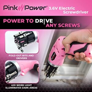 Pink Power 3.6 Volt Rechargeable Cordless Electric Screwdriver Set with Bubble Level - Pink Tool Set for Women Power Tools