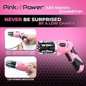 Pink Power 3.6 Volt Rechargeable Cordless Electric Screwdriver Set with Bubble Level - Pink Tool Set for Women Power Tools