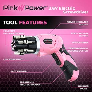 Pink Power 3.6 Volt Rechargeable Cordless Electric Screwdriver Set with Bubble Level - Pink Tool Set for Women Power Tools