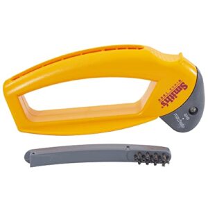 smith’s 50582 axe & machete sharpener - axe, machete, hatchet, & mower tools - large handle w/ finger guard - handheld manual - replaceable carbide blades - wire-bristled cleaning brush - durable