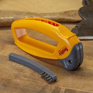 Smith’s 50582 Axe & Machete Sharpener - Axe, Machete, Hatchet, & Mower Tools - Large Handle w/ Finger Guard - Handheld Manual - Replaceable Carbide Blades - Wire-Bristled Cleaning Brush - Durable