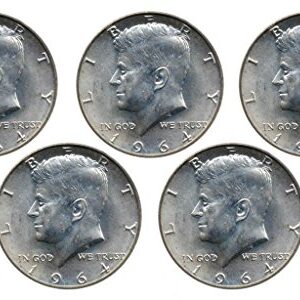 1964 No Mint Mark Set of 5-90% Silver John F Kennedy JFK Half Dollar Circulated Half Dollar Seller Very Fine