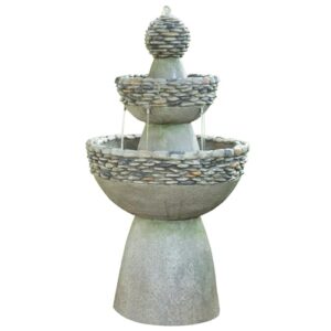 teamson home 36.5 in. outdoor 3-tier zen-style pedestal water fountain in. with stone trim with pump and 2.64 gallon capacity, stone gray