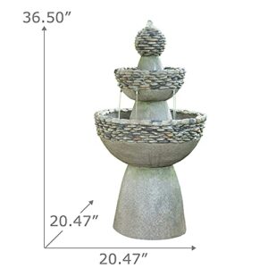 Teamson Home 36.5 in. Outdoor 3-Tier Zen-Style Pedestal Water Fountain in. with Stone Trim with Pump and 2.64 Gallon Capacity, Stone Gray