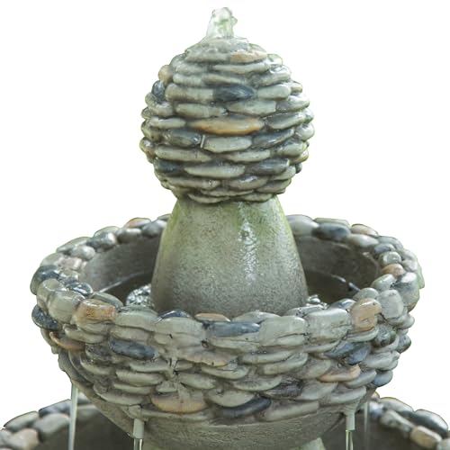 Teamson Home 36.5 in. Outdoor 3-Tier Zen-Style Pedestal Water Fountain in. with Stone Trim with Pump and 2.64 Gallon Capacity, Stone Gray