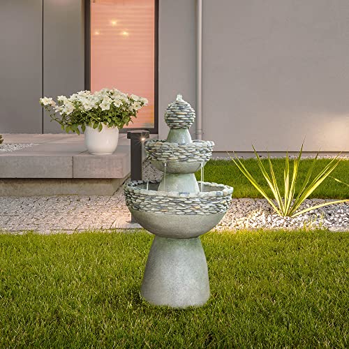 Teamson Home 36.5 in. Outdoor 3-Tier Zen-Style Pedestal Water Fountain in. with Stone Trim with Pump and 2.64 Gallon Capacity, Stone Gray