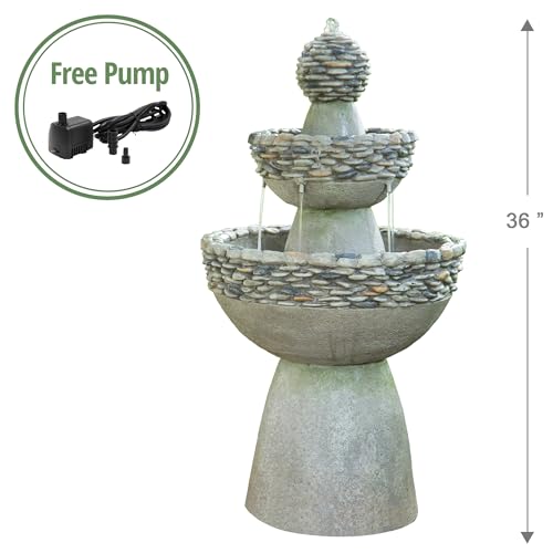 Teamson Home 36.5 in. Outdoor 3-Tier Zen-Style Pedestal Water Fountain in. with Stone Trim with Pump and 2.64 Gallon Capacity, Stone Gray