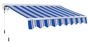 advaning ma1210-a447h2 luxury series, premium quality manual retractable patio awning, 100% solution dyed european acrylic easy uv sunshade manual hand crank, 12'x10', ocean blue - sand beige stripes