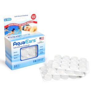 Soft Moldable Earplugs, 18 Pairs for Sleeping, Live Events, Swimming - AquaEars, Made in Vermont