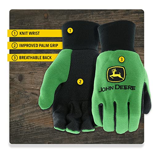 John Deere JD00002 Jersey Gloves - Large, 10 oz Jersey Gloves, Ribbed Knit Wrist, Polyester/Cotton Fabric Straight Thumb, Green/Black