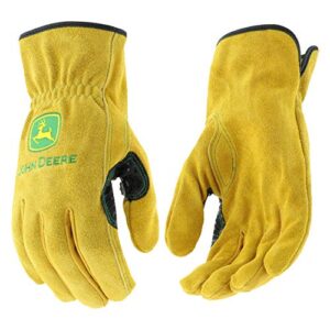john deere jd00004 leather gloves - large size split cowhide work gloves with shirred elastic wrist. hand protection wear,gold
