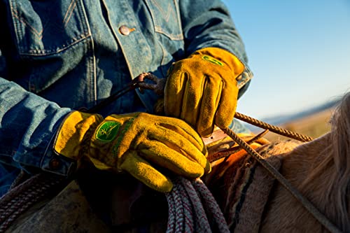 John Deere JD00004 Leather Gloves - Large Size Split Cowhide Work Gloves with Shirred Elastic Wrist. Hand Protection Wear,Gold