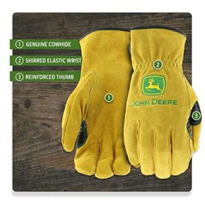 John Deere JD00004 Leather Gloves - Large Size Split Cowhide Work Gloves with Shirred Elastic Wrist. Hand Protection Wear,Gold