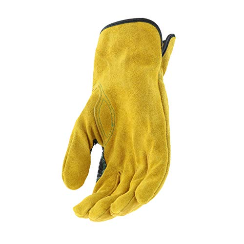 John Deere JD00004 Leather Gloves - Large Size Split Cowhide Work Gloves with Shirred Elastic Wrist. Hand Protection Wear,Gold