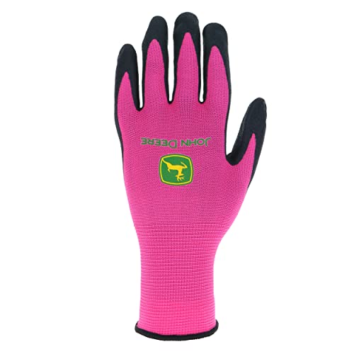 John Deere JD00021 Nitrile Foam Palm Dipped Gloves - Work Gloves for Women, Light-Duty Gloves with Elastic Wrist, Band Top Cuff, Black/Pink