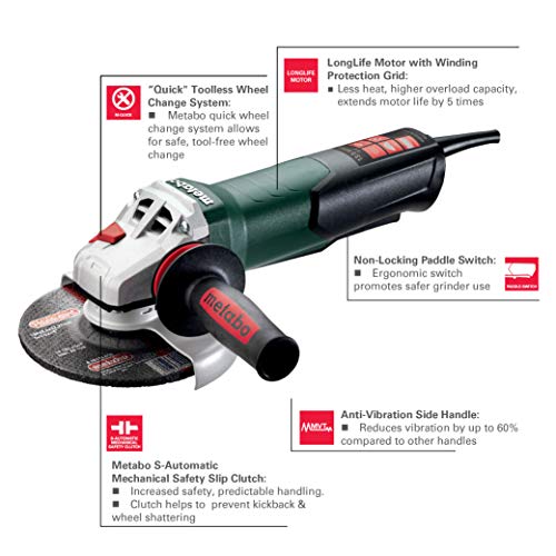 Metabo 6-Inch Angle Grinder | 13.5 Amp | 9,600 RPM | Electronics | Non-locking Paddle Switch | WEP 15-150 Quick