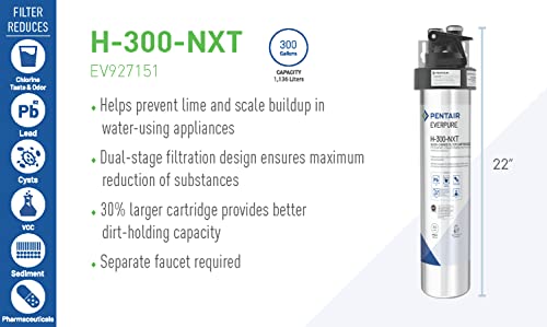 Pentair Everpure H-300-NXT Quick-Change Filter Cartridge, EV927441, For Use in Everpure H-300 Drinking Water Systems, 300 Gallon Capacity, 0.5 Micron