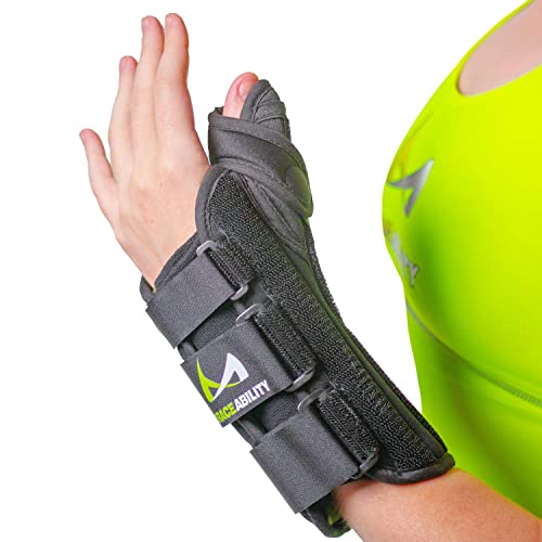 BraceAbility Wrist and Thumb Spica Splint - De Quervain's Tenosynovitis Long Forearm Cast Stabilizer for Tendonitis, Sprains, Thumb Brace for Arthritis Pain and Support - (S Right Hand)