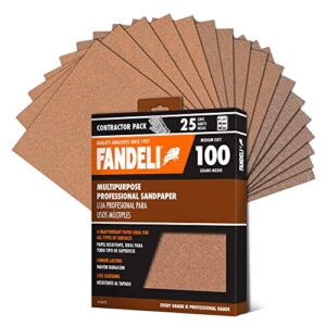fandeli | multi-purpose sandpaper | 100 grit | 25 sheets of 9'' x 11'' | ideal for sanding metal, untreated wood and painted surfaces