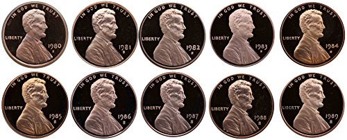1980-1989 S Lincoln Memorial Cent Gem Deep Cameo Proof Run 10 Coin Set US Mint Penny Lot Complete 1980's Set