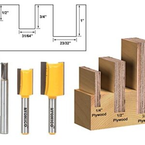 YONICO Router Bits Set Dado Straight Bit Undersize Plywood 3 Bit 1/4-Inch Shank 14323q