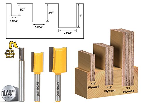 YONICO Router Bits Set Dado Straight Bit Undersize Plywood 3 Bit 1/4-Inch Shank 14323q