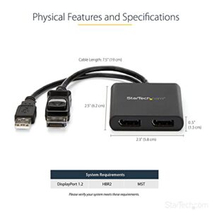 StarTech.com Dual-Monitor DisplayPort 1.2 Splitter, DisplayPort to 2x DP Multi-Monitor Adapter, Dual 4K 30Hz or 1080p 60Hz Computer MST Hub, USB Bus-Powered, Windows Only (MSTDP122DP)