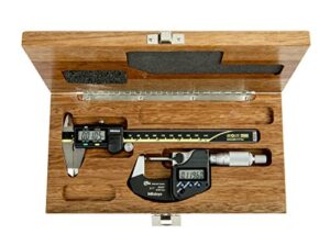 mitutoyo 64pka076b digimatic tool kit, non-output, includes caliper, 500-196-30 (0-6”/0-150mm, 0005” / 0.01mm), micrometer, 293-340-30 (0-1”/0-25mm, 00005”/0.001mm), and a mahogany case.